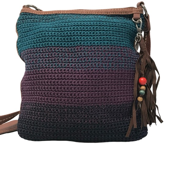 The Sak Crochet Shoulder Bag Teal Purple Black Leather Trim Tassel Crossbody - Picture 11 of 16